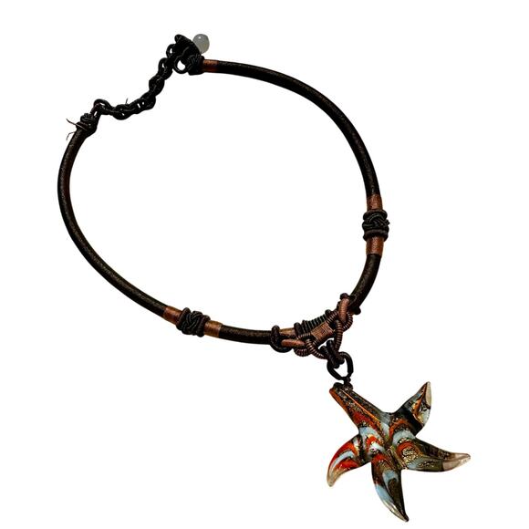 Blown Glass Star Braided Cord Hippie No Metal Choker Necklace - Picture 1 of 6